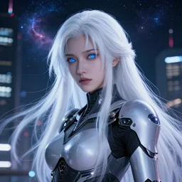 perfect android girl in a night tokyo, warframe armor, beautiful face, scifi, futuristic, galaxy, nebula, raytracing, dreamy, long white hair, blue cyborg eyes, sharp focus, cinematic lighting, highly detailed, artstation, divine, by gauthier leblanc, kazuya takahashi, huifeng huang