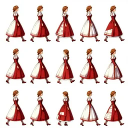 walking cycle sprite sheet of a girl in a renaissance dress, walking to the right, each sprite is a different frame of the animation, in the style of final fantasy games, side view of her taking steps, accurate walk cycle, walk cycle, walk cycle, red and white dress