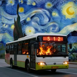 autobus on fire with lcd screen saying 5 1 2 photorealistic. rule of thirds. van gogh style