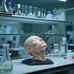 a disembodied head that is being kept alive in a laboratory, many failed experiments line the shelves,