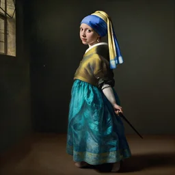 a female warrior in a turquoise dress, marching with confidence, cinematic lighting, establishing shot, johannes vermeer art