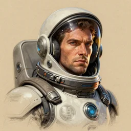 male, heroic figure, space suit with a modern helmet, character sheet, science fiction, sketch, very stylized, digital art, illustration on kraft paper, shaded pen and ink, digital painting, by mike mignola, by alex maleev