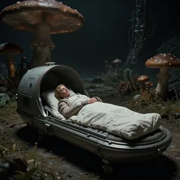 film still of a sleeping pod on a small research station on an alien planet, outside mushroom vegetation with giant shrooms, a woman sleeping in a sleeping bag, calm and dark science fiction atmosphere, screenshot from a ridley scott film,