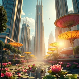 photorealistic render of joyful opulent futuristic art deco city sunny day monolithic skyscrapers colorful floating parasols koi trees flowers park lotus clear focus clean lines art deco architecture fantasy by paul ozzimo james clyne ross tran beautiful intricate elegant highly detailed artstation octane render