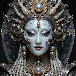hyperrealism, detailed textures, award winning autochrome photo, symetrical japanese pearl, beautiful dreaming voodoo pearl queen, autochrome pearl portrait, pearl silverplate, intricate, detailed facial pearl scary animal mask, pearl, golden jewelery, silverplate, ultra realistic, cinematic, intricate, cinematic light by steve mccurry, unreal engine 8 k
