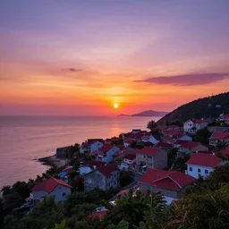 sunset on a village by the sea, colorful, trending on artstation