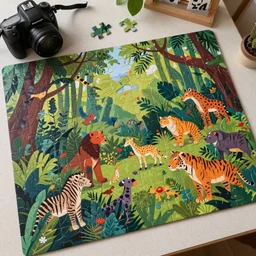 a beautiful photo of a jigsaw puzzle made from a jungle scene with many different animals, laid out on a table, dslr