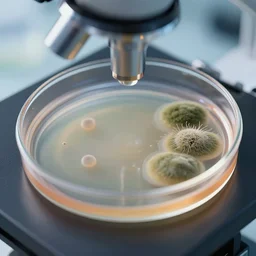 close up photo of petri dish with a fungal cultures and bacteriological culture and mold with little filaments under the microscope, octane render, tilt shift, polaeized light, smooth, ultrasharp focus, unreal engine 5, bokeh background, hyperrealism, vray