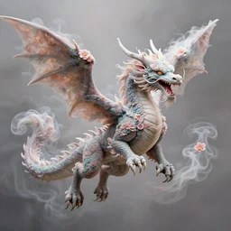 a hyper-detailed, flying, roaring dragon, constructed of soft ethereal swirls of paint and smoke and flowers, photo realistic, detailed, symmetrical.
