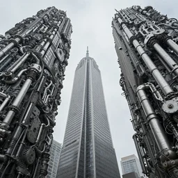 looking up at skyscrapers made from mechanical parts, greg rutkowski, 8 k, shallow depth of field, intricate detail, concept art,