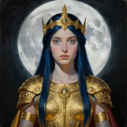painting of junoesque priestess of the moon, golden filigree armor and tiara, moon above head, dark blue straight hair, smooth translucent skin, wide striking eyes, beautiful! coherent! by brom, by brian froud, strong line, high contrast, muted color, 4 k, trending on artstation