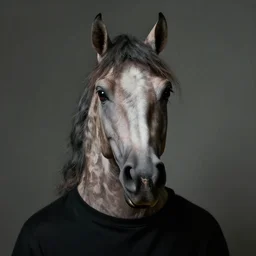 portrait face head eyes man ears Nightmarish Horse Man Warlock the Bobby Fischer camouflaged as a Pony wearing a black shirt mark ryden greg rutkowski edgar degas andrew wyeth giorgio de chirico
