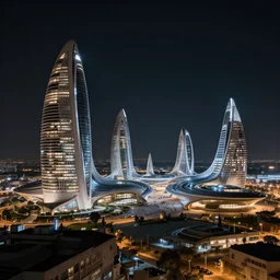mars view of organic buildings designed by zaha hadid with spaceship colony, cinematic, night time photograph, cinematic lighting, vfx film, ultrarealistic, artstation trending, 8 k