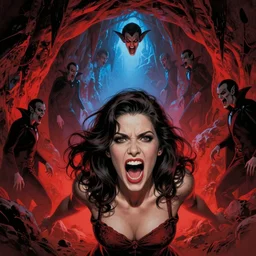 David Baldeon comic art, Joshua Middleton comic art, Norman Rockwell:: detailed woman Stella Maeve who is screaming, facing forward towards camera:: The interior of an cave lit in red:: insanely detailed:: a few detailed face vampires descending on a woman, full bodies of vampires:: blue neon light coming from the back of the cavern:: mysterious atmosphere::