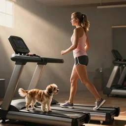 A woman walking on a treadmill with her dog walking on a smaller treadmill next to her