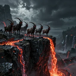 satanic mountain goats with glowing red eyes on a sheer obsidian cliffside with lavaflow, lava waterfalls, skyrim gameplay screenshot, dark souls, epic