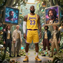 naturepunk deity of retrofuture dream logic creativity, beautiful detailed realistic cinematic and with cyberpunk super computer ai los angeles lakers lebron james, concept fashion revolutionary war propaganda portrait, hi - fructose art magazine, by anton fadeev and paul lehr and david heskin and josan gonzalez, 8 k
