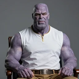 dlsr photo of thanos face as a white man white man white man white man white man with beard stubble taken in studio lighting sitting on chair