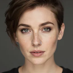photograph portrait of a beautiful woman, short hair, freckles, septum piercing, sigma 85mm f/1.4