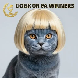 professional photo of a blue cat wearing a blonde wig, short hair wig, super saiyan hair cut, studio lighting, very detailed, unreal engine, canon photo, professional lighting, good composition, winning award photo, real cat, real,
