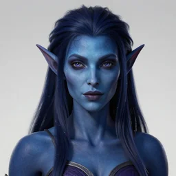 shirley ann manson as a dark blue skinned tiefling, d & d, fantasy, portrait, highly detailed, headshot, digital painting, trending on artstation, concept art, sharp focus, illustration, art by artgerm and greg rutkowski and magali villeneuve