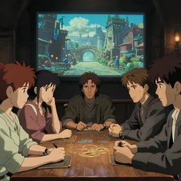 film still dnd movie, group sit at table, play in dnd, beckinsale schwarzenegger johansson timberlake, gm screen, finely detailed features, closeup at the faces, perfect art, at an ancient city, gapmoe yandere grimdark, trending on pixiv fanbox, painted by greg rutkowski makoto shinkai takashi takeuchi studio ghibli, akihiko yoshida