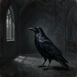 An expressionistic oil painting of a raven alone in a large dark room, Gothic, dark, shadows