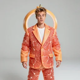 justin bieber turned into a grapefruit, wearing a grapefruit suit, suit made out of a grapefruit, grapefruit costume