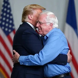 Bernie Sanders hugging Donald Trump, studio photo