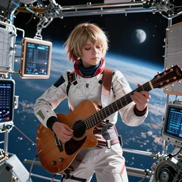 cinematic picture of aloy from the horizon zero dawn videogame playing the guitar in the international space station, unreal engine 5