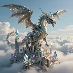 dragon in sky, futuristic alien city made out of gemstones, crystals, cloudy, unreal 5 render, studio ghibli, tim hildebrandt, digital art, octane render, beautiful composition, trending on artstation, award - winning photograph, masterpiece