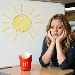 across table head and portrait of a mila kunis bored at the mcdonalds, rossdraws, sun - rays, 2 0 0 mm focal length