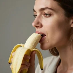 realistic photograph of a woman eating a banana, close up, side view, hyperrealistic, really detailled, photography, studio light, professional, award winning