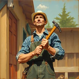painting by norman rockwell of a carpenter holding a hammer