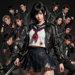 portrait of a beautiful! alluring anime woman wearing a 2 0 3 0's stained dirty torn japanese school uniform, gorgeous face, leather bomber jacket, katana scabbard, realistic, hyper detailed, dynamic action poses, concept art, in style of pan ren wei, greg rutkowski, ilya kuvshinov, greg tocchini, james gilleard, joe fenton, kaethe butcher, chiaroscuro, anime aesthetic
