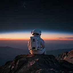 lone astronaut sat on top of a mountain looking at the horizon of a unknown planet, extremely close shot from the back, helmet reflection, sunset, cinematic, epic, dark scenario, 8k, award winning, digital art, trending on artstation