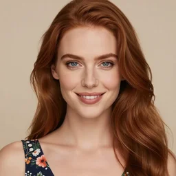 close up shot of a beautiful woman with auburn hair and blue eyes, wearing a sundress, smiling at the camera, 4 k