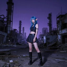 stunning, breathtaking, awe-inspiring award-winning photo of an attractive young asian elf woman with pointy ears and blue hair, wearing a miniskirt and knee-high boots in an endlessly sprawling desolate abandoned post-apocalyptic industrial city at night, extremely moody purple lighting