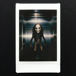 polaroid of a creepy smiling inter - dimensional cryptid monster creature in style of silent hill, ufo archives, hovering in elevator