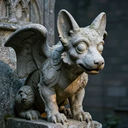 gargoyle with the head of a corgi made of stone, uncropped, photography