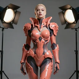 beautifull cyberpunk woman model, wearing organic coral armor, luxury materials, symmetrical, cinematic, elegant, professional studio light, real dlsr photography, sharp focus, 4 k, ultra hd, sense of awe, high fashion
