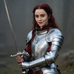 emilia clarke, as a medieval fantasy character, with dark reddish hair, wearing light, silver armor and red clothing, tan complexion, holding a longsword, slightly smiling, noble, cinematic, gloomy, realistic, digital art, character art, 8 k