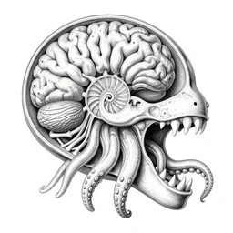hyper-detailed color pencil antique medical illustration of Kaiju head cross-section, nautilus brain, ribcage, xhenomorph, with tentacles coming out of open mouth and exposed jaw bone, spinal column, cerebral corpus callosum, cerebellar peduncle, interventricular foramen, symmetrical