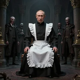 vladimir putin maid dress, horror, macabre art mausoleum, stuning 3 d render, masterpiece, dark, by donato giancola and greg rutkowski and wayne barlow and zdzisław beksinski, realistic face