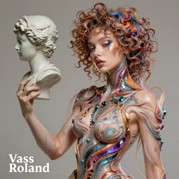 Vass Roland cover art body art pose future bass girl unwrapped smooth body fabric unfolds statue bust curls of hair petite lush front and side view body photography model full body curly jellyfish lips art contrast vibrant futuristic fabric skin jellyfish material metal crystals veins style of Jonathan Zawada, Thisset colours simple background objective