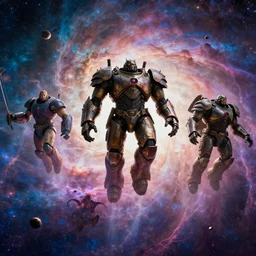 movie still frame, giant armored titans riding flying through a psychedelic nebula, beautiful composition, by ridley scott, zack snyder and michael bay