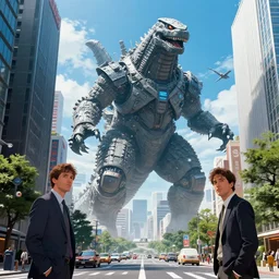 a giant kaiju robot towers over the streets of tokyo in the near future, art by james gurney and marc simonetti and federico pelat, tohoscope, science fiction, hyperrealism