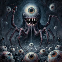 otherworldly massive cthulu god!!!!!!!!!! rising over a grim obsidian landscape made of eye balls, painting by donato giancola, john berkey, edvard munch, dore, thomas moran, jackson pollock, hp lovecraft, paranoid vibe, terror giant infinite eyes horror shark teeth spider eyes tentacle insect legs feeling of madness and insanity