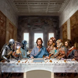 the last supper but with robots, by michelangelo, da vinci, sci - fi, detailed, beautiful composition, masterpiece