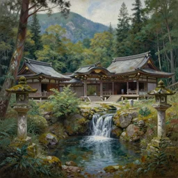 stunning landscape of abandoned japanese shrines, mountain woods, waterfalls and ponds, intricate details, digital art by rob gonsalves, oil on canvas by ivan shishkin